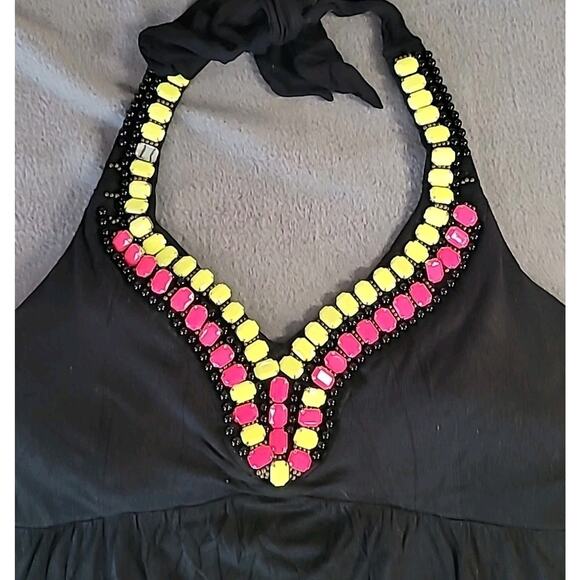Nicole Miller Black Maxi Halter Dress XL – Colorful Beaded Collar Statement - Picture 3 of 8